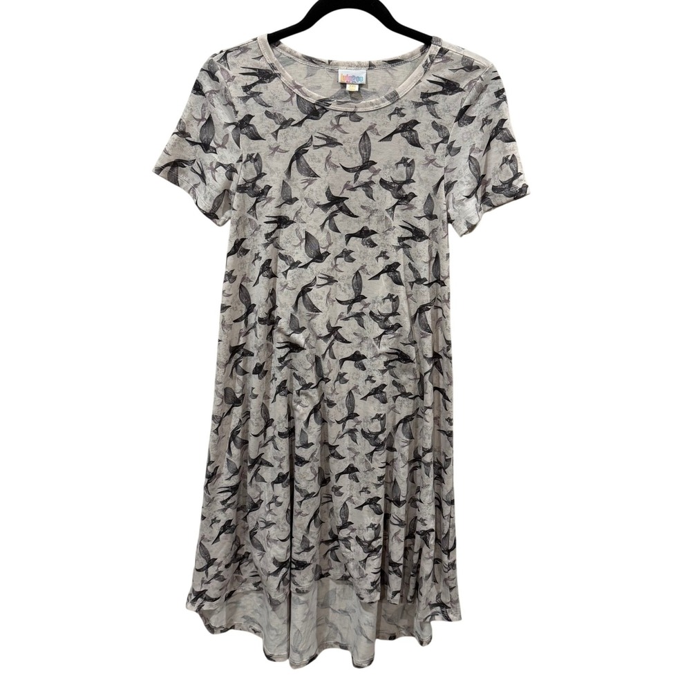 LuLaRoe Carly Dress XXS Grey Bird Print Short Sleeve High Low Swing‎ Dress